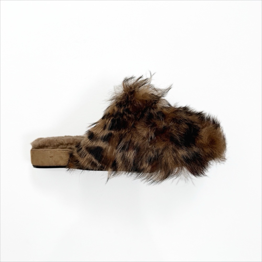Ross & Snow Fur Slides Womens 8 Brown Leather Mule Slipper Fuzzy Cozy Comfort